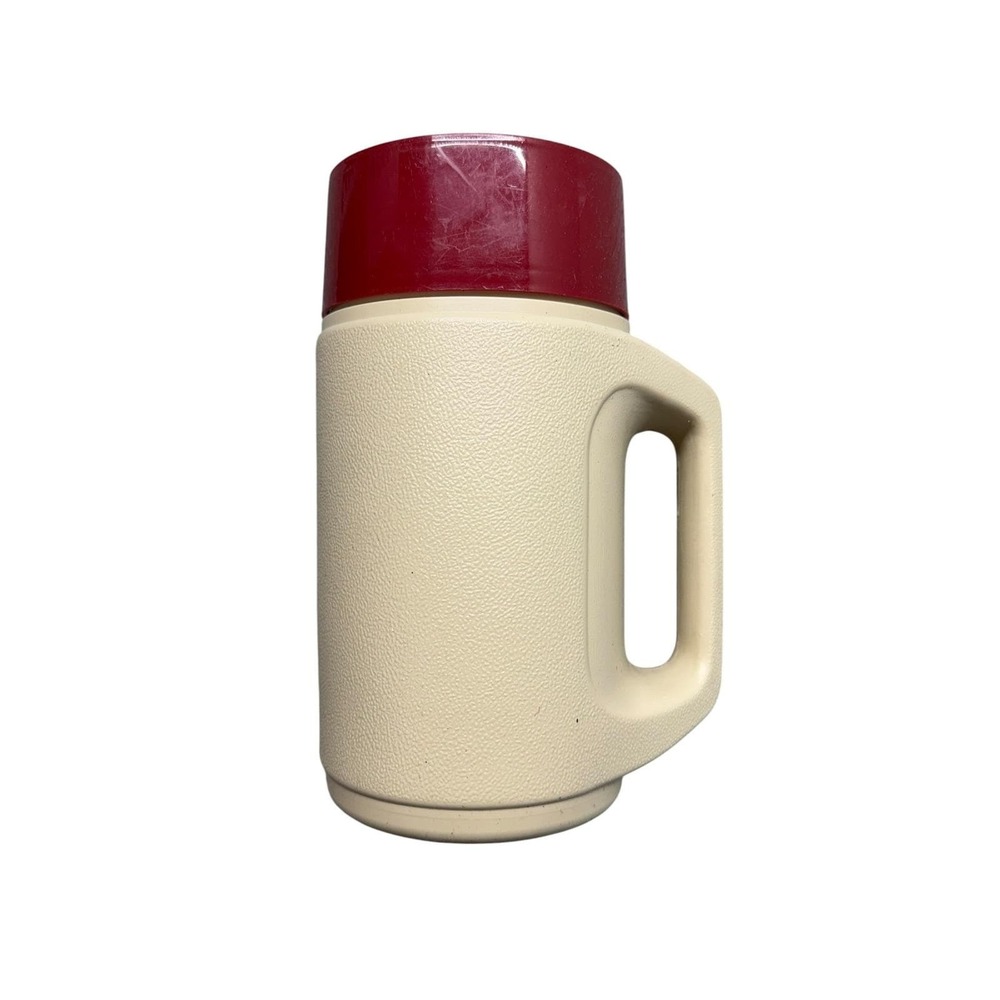 Vintage Thermos Model 4215 Tan and Red Insulated Food Jar w/ Handle Made in USA
